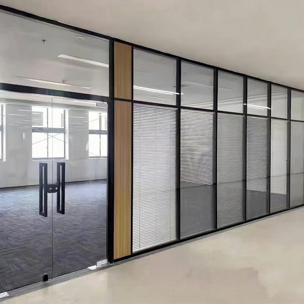 Integrated blinds for interior glass partition