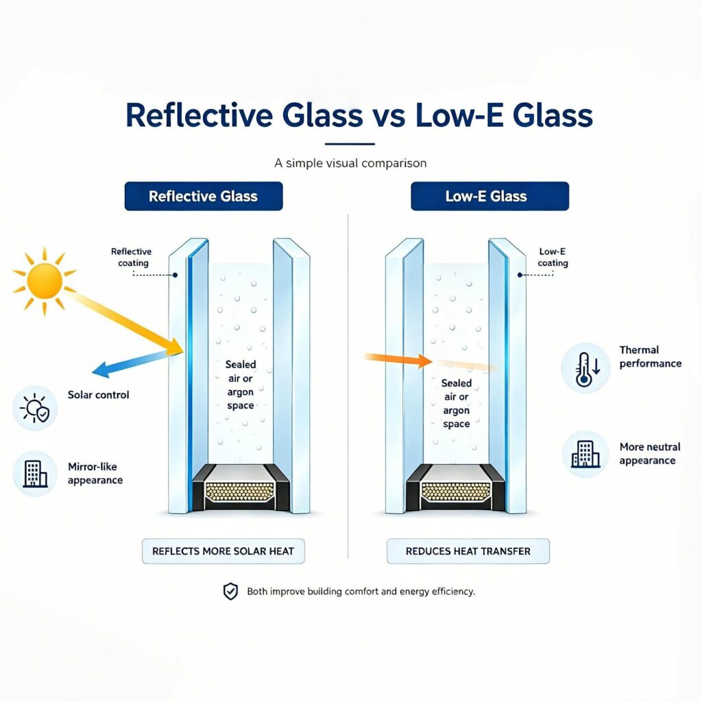 Reflective glass vs Low-E glass visual comparison